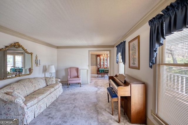 living room featuring light carpet and crown molding