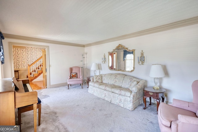 living room with baseboards, stairway, carpet, and crown molding