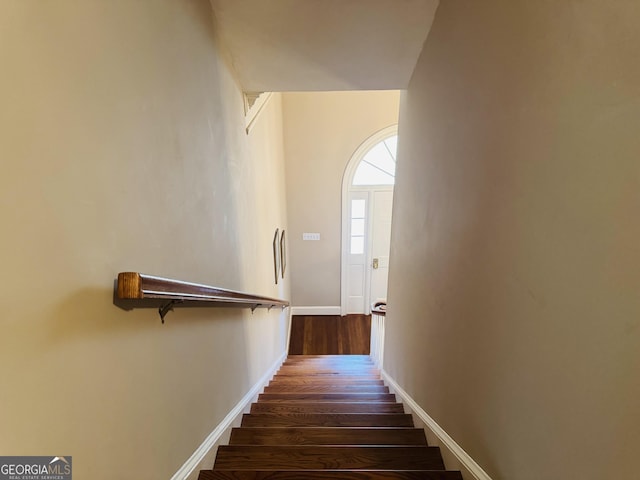 staircase featuring wood finished floors and baseboards