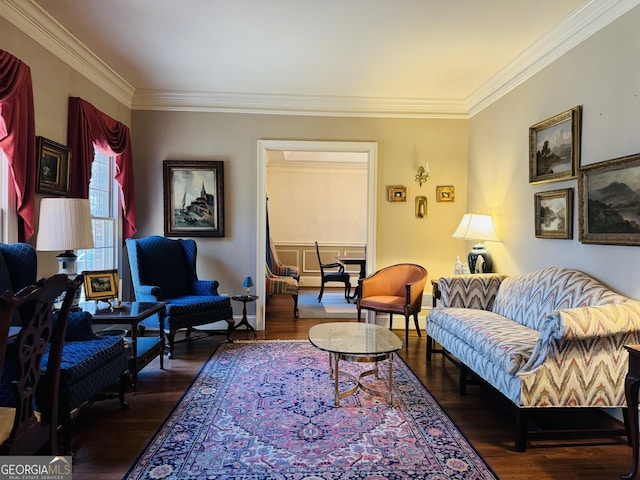 living area featuring dark wood-style floors, baseboards, and ornamental molding