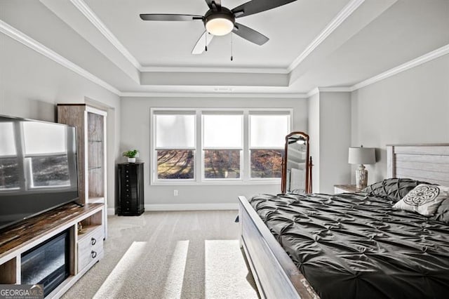 bedroom with baseboards, a raised ceiling, and crown molding