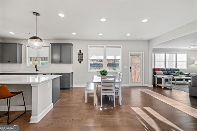 kitchen featuring gray cabinetry, dark wood-style flooring, a sink, open floor plan, and light countertops