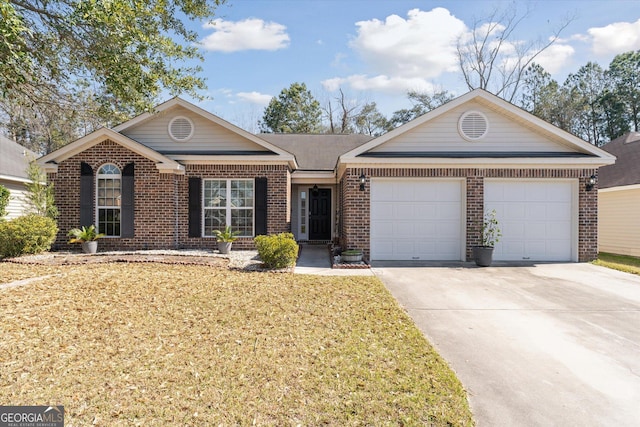 ranch-style house featuring a garage, concrete driveway, and brick siding