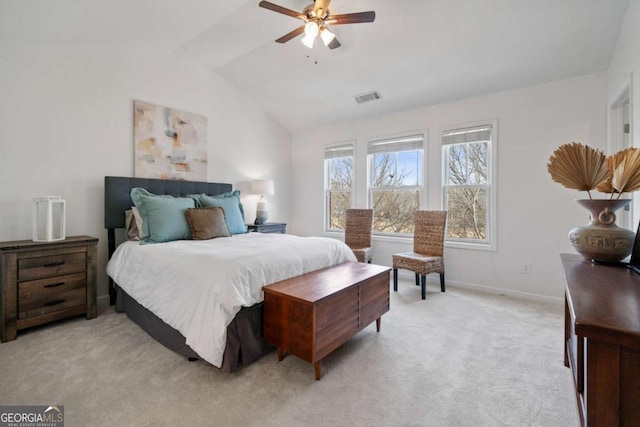 bedroom featuring ceiling fan, lofted ceiling, light carpet, visible vents, and baseboards