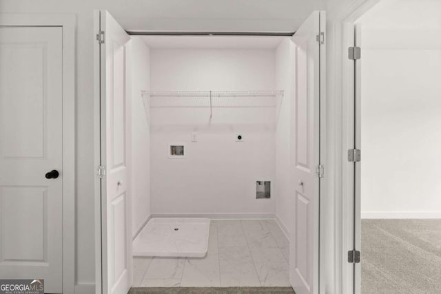 washroom with laundry area, baseboards, hookup for a washing machine, marble finish floor, and electric dryer hookup