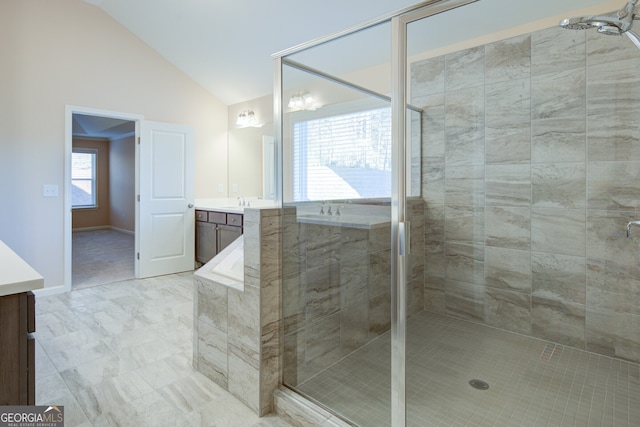 6650 Canyon Cv, Cumming, GA 30028 - full bath featuring lofted ceiling, vanity, and a stall shower