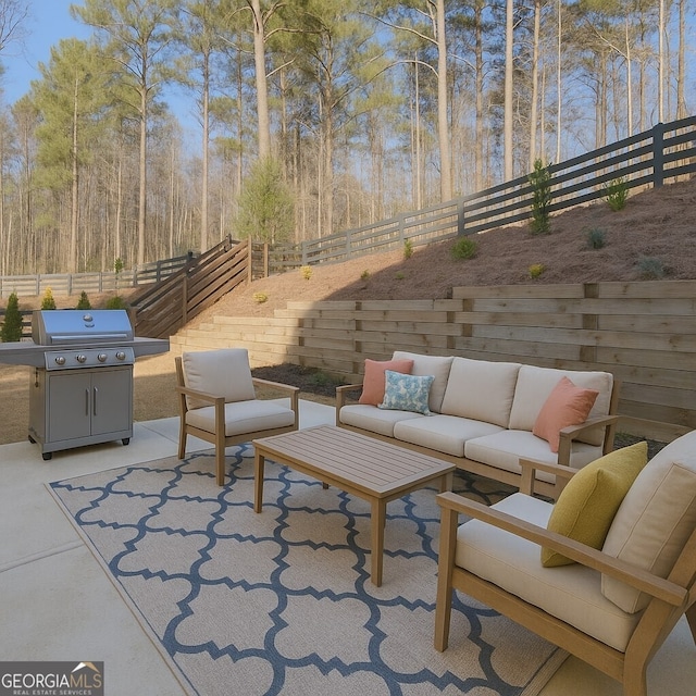 6650 Canyon Cv, Cumming, GA 30028 - view of patio featuring an outdoor living space, a grill, and a fenced backyard