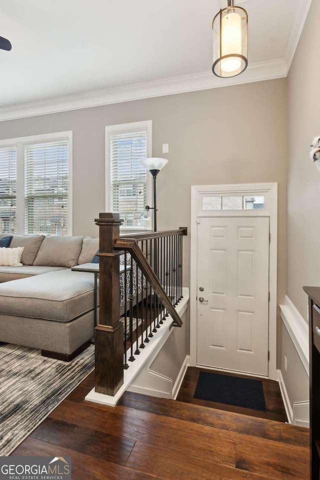 entrance foyer with baseboards, dark wood-style flooring, and crown molding