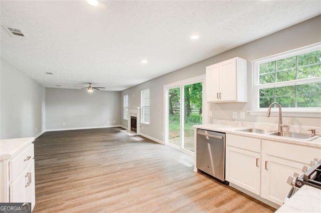 kitchen featuring appliances with stainless steel finishes, a fireplace, a sink, and light wood finished floors