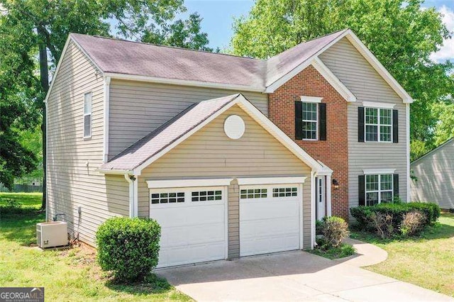 view of front of house with a garage, brick siding, driveway, and central air condition unit