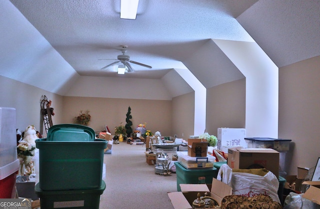 additional living space with vaulted ceiling, ceiling fan, a textured ceiling, and carpet flooring