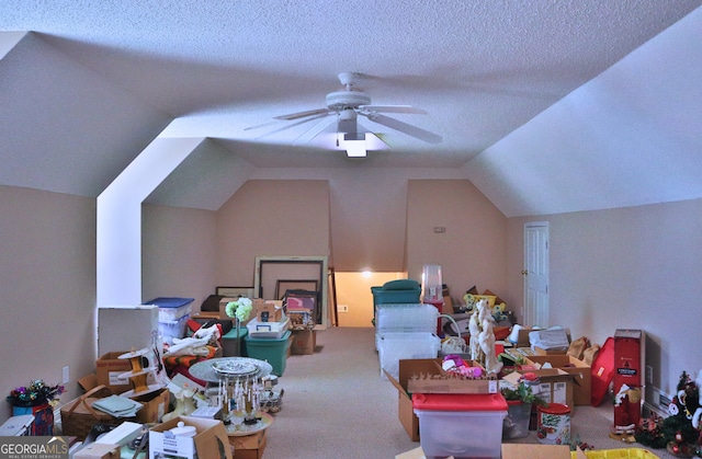 interior space featuring lofted ceiling, carpet, ceiling fan, and a textured ceiling