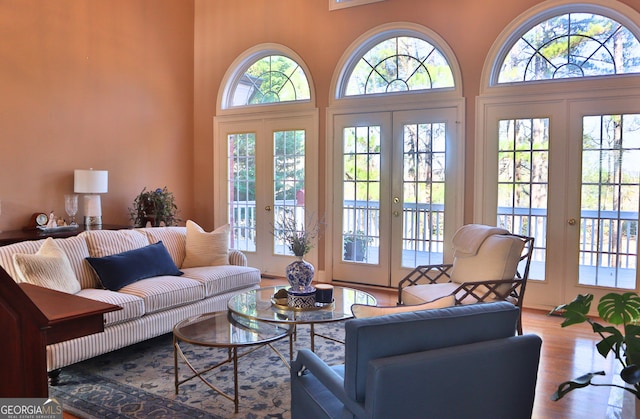 living room featuring a high ceiling, wood finished floors, and french doors