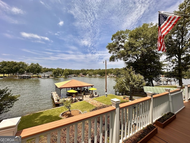 375 Templeton Cir, Mansfield, GA 30055 - wooden deck featuring a water view, a gazebo, boat lift, and a dock