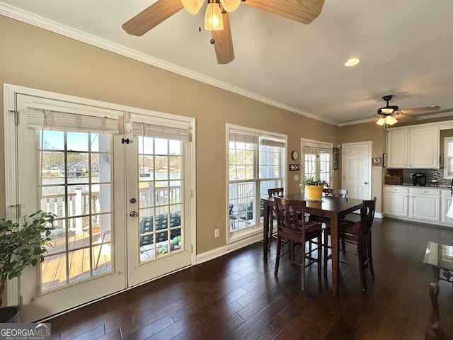 375 Templeton Cir, Mansfield, GA 30055 - dining space featuring a ceiling fan, french doors, ornamental molding, dark wood-style flooring, and baseboards