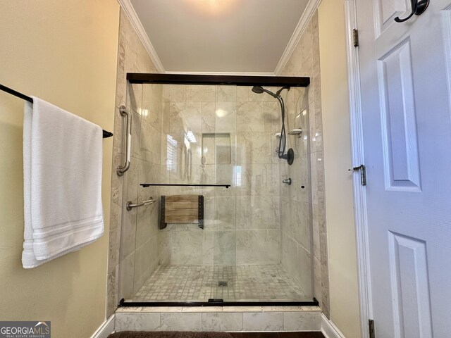 375 Templeton Cir, Mansfield, GA 30055 - bathroom with baseboards, a shower stall, and ornamental molding