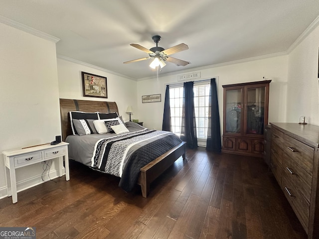375 Templeton Cir, Mansfield, GA 30055 - bedroom with dark wood finished floors, ornamental molding, and a ceiling fan
