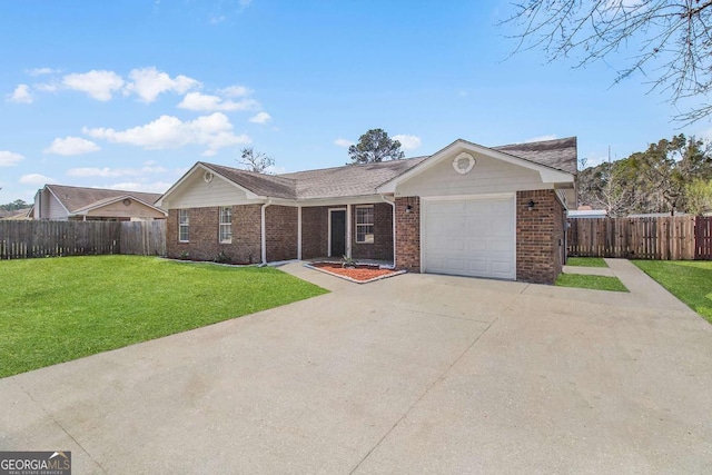 single story home featuring a garage, fence, a front lawn, and brick siding