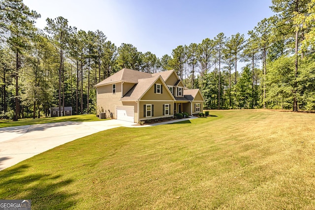 view of home's exterior with concrete driveway, central AC, a lawn, and an attached garage