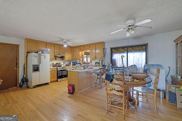 kitchen with white refrigerator with ice dispenser, stainless steel range with electric cooktop, a peninsula, light wood-type flooring, and under cabinet range hood