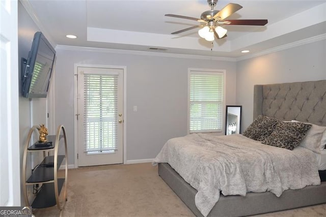 bedroom with a tray ceiling, multiple windows, and light colored carpet