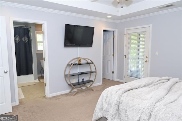 bedroom with access to outside, carpet flooring, visible vents, and crown molding