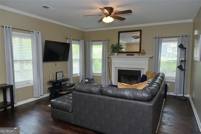 living area with dark wood-style floors, a fireplace, visible vents, and ornamental molding