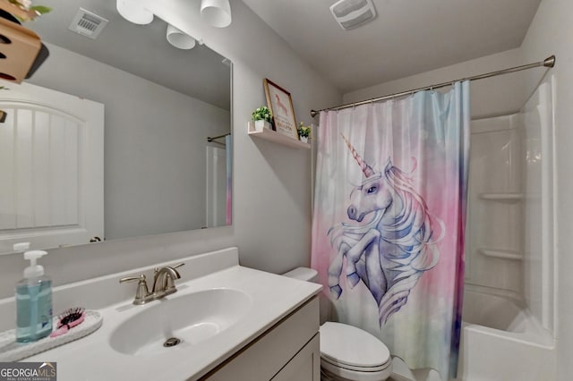 full bath with toilet, shower / tub combo, vanity, and visible vents