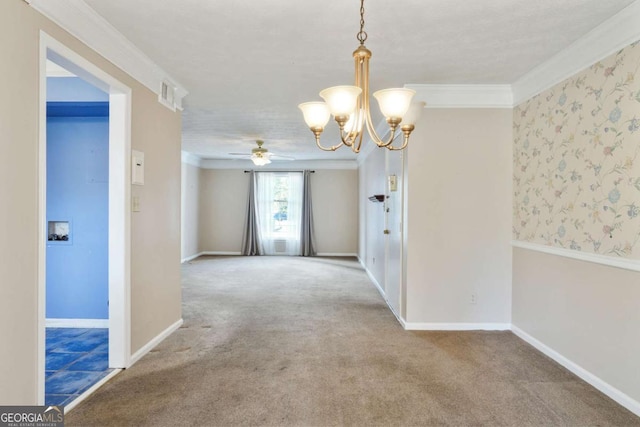 empty room featuring ornamental molding, carpet, baseboards, and wallpapered walls