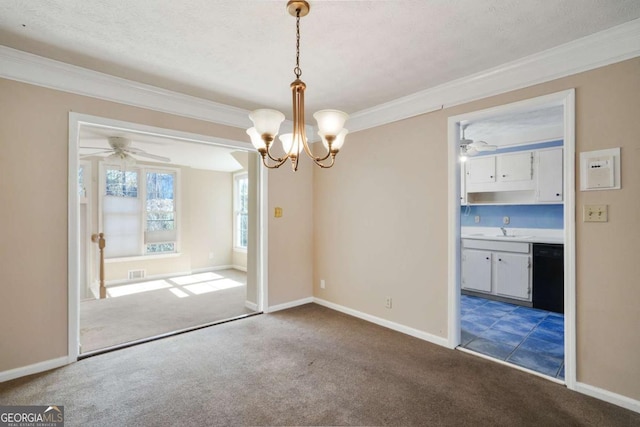 unfurnished dining area with ornamental molding and carpet flooring