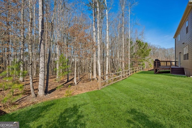 view of yard featuring fence and a deck