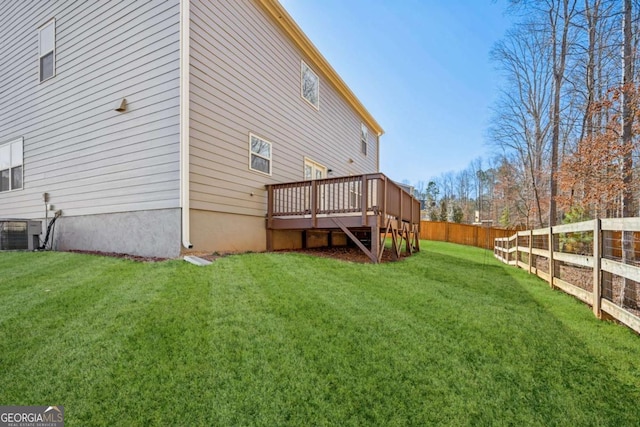 view of side of property featuring a fenced backyard, a deck, cooling unit, and a yard