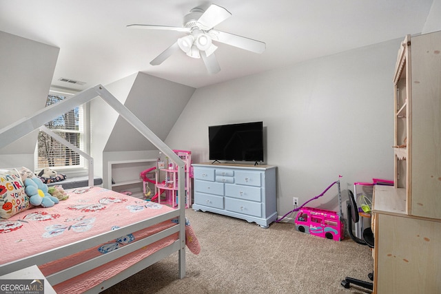 bedroom with lofted ceiling, carpet floors, ceiling fan, and visible vents