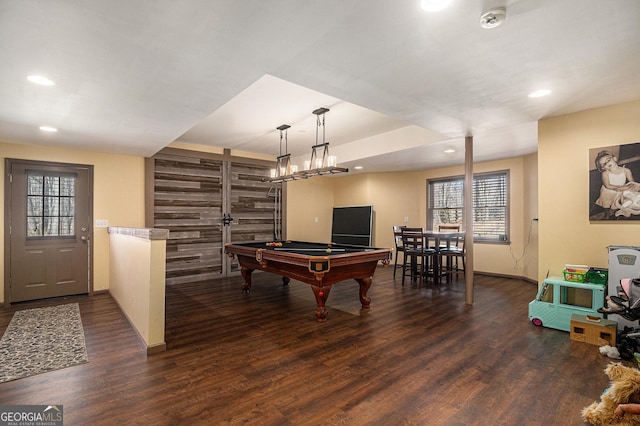 recreation room featuring recessed lighting, pool table, baseboards, and wood finished floors