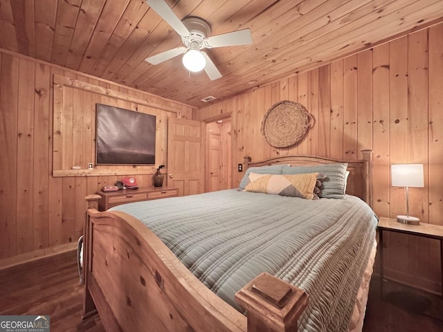 bedroom featuring a ceiling fan, wood walls, wood finished floors, wooden ceiling, and baseboards