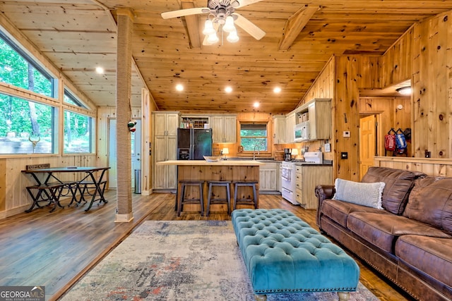 185 Pope Dickson Ln, Clarkesville, GA 30523 - living room with vaulted ceiling, wooden ceiling, wood walls, ceiling fan, and light wood finished floors