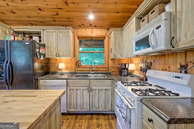 185 Pope Dickson Ln, Clarkesville, GA 30523 - kitchen featuring white appliances, wood ceiling, butcher block countertops, dark wood finished floors, and wood walls
