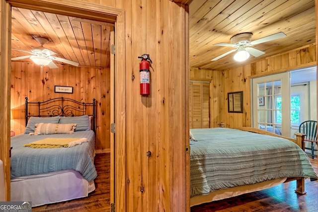 185 Pope Dickson Ln, Clarkesville, GA 30523 - bedroom featuring wood walls, wood ceiling, wood finished floors, and a ceiling fan