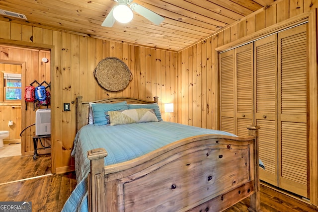 185 Pope Dickson Ln, Clarkesville, GA 30523 - bedroom with wooden ceiling, wood finished floors, a closet, wood walls, and ceiling fan