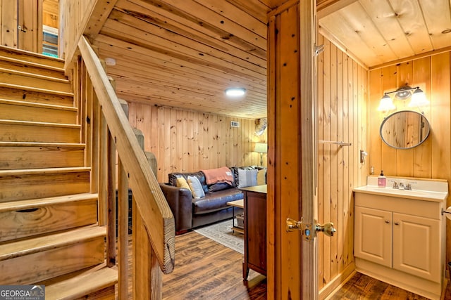 185 Pope Dickson Ln, Clarkesville, GA 30523 - stairway featuring wood ceiling, wood walls, and wood finished floors