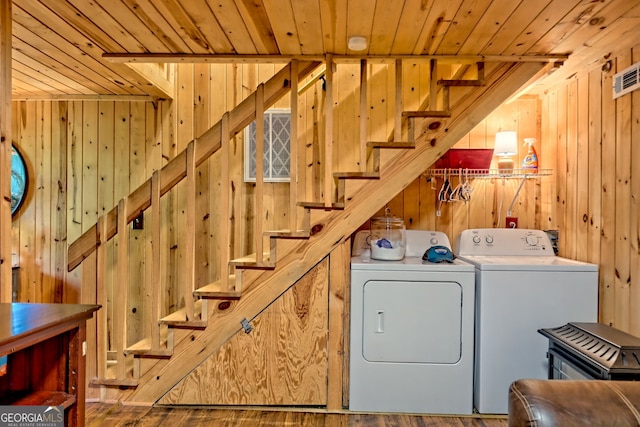 185 Pope Dickson Ln, Clarkesville, GA 30523 - laundry room featuring wood ceiling, wooden walls, washer and dryer, and wood finished floors
