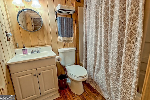 185 Pope Dickson Ln, Clarkesville, GA 30523 - bathroom with vanity, wood finished floors, a shower with shower curtain, and wooden walls