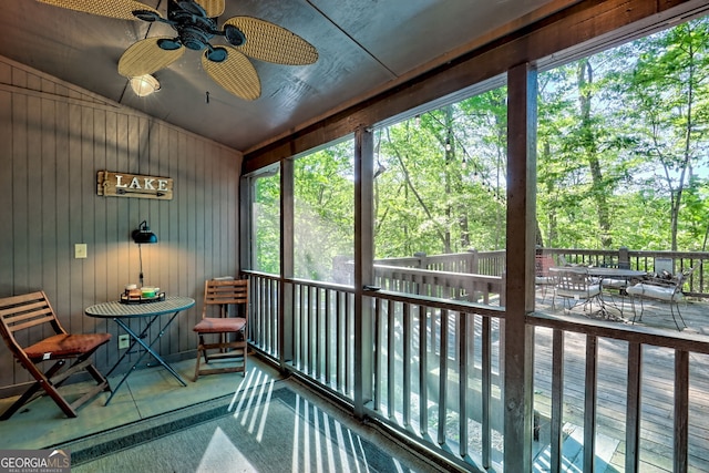 185 Pope Dickson Ln, Clarkesville, GA 30523 - sunroom with a ceiling fan, vaulted ceiling, and outdoor dining area