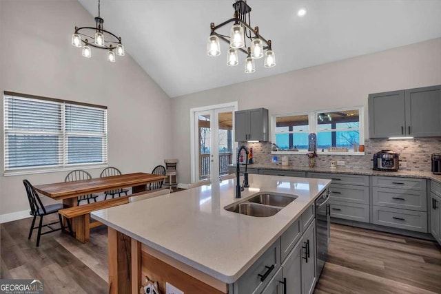 1172 Hunter Dr, Ranger, GA 30734 - kitchen featuring a sink, gray cabinetry, vaulted ceiling, a chandelier, and backsplash