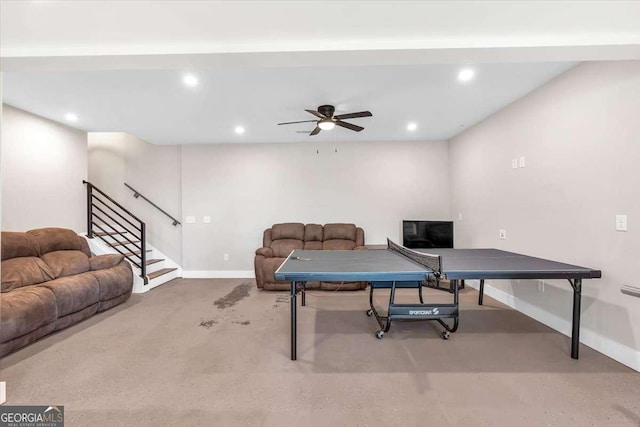 game room featuring ceiling fan, baseboards, and recessed lighting