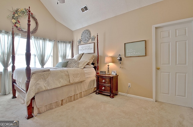 bedroom featuring a textured ceiling, high vaulted ceiling, visible vents, baseboards, and carpet