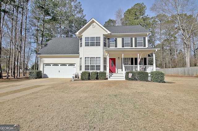 view of front of property with driveway, a garage, a shingled roof, covered porch, and a front yard