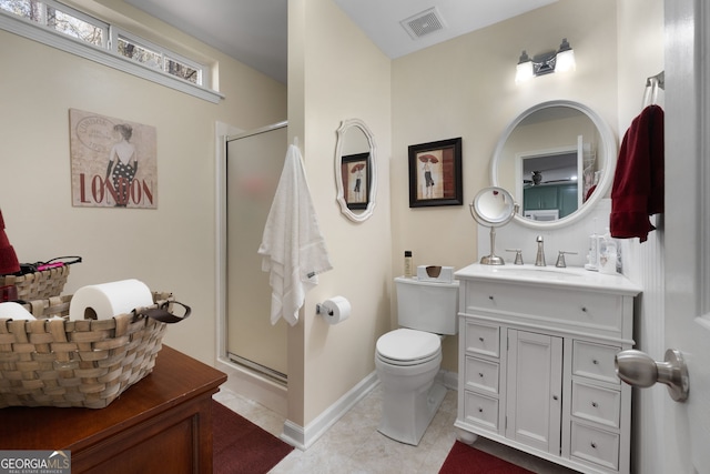 full bath with toilet, a stall shower, visible vents, and vanity