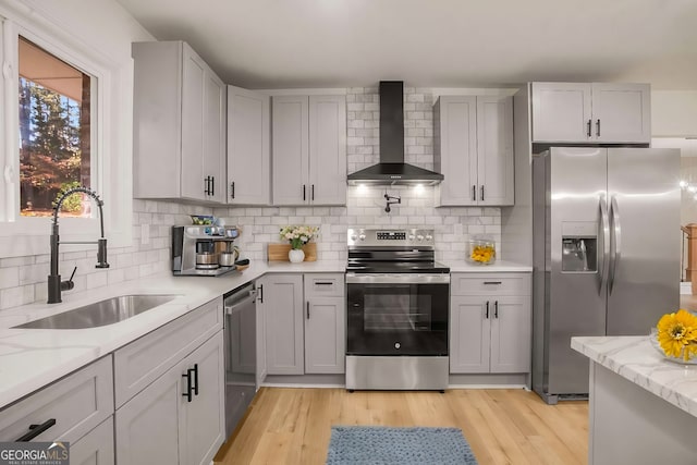 kitchen featuring tasteful backsplash, light wood-style flooring, appliances with stainless steel finishes, wall chimney range hood, and a sink