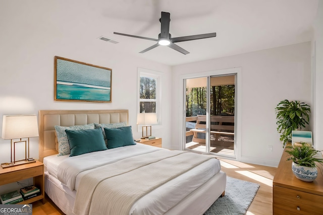 bedroom featuring access to exterior, light wood-style flooring, visible vents, and baseboards